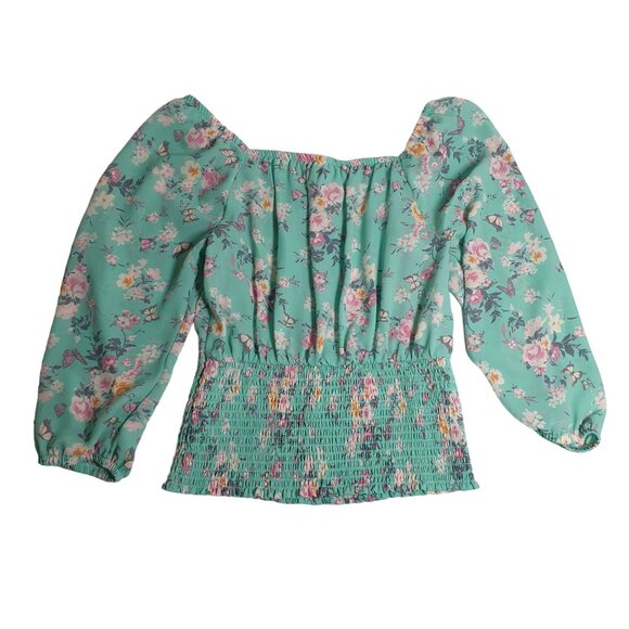 No Boundaries Floral Off Shoulder Blouse M (7-9) Pink Rose Butterflies Stretch - Picture 6 of 6